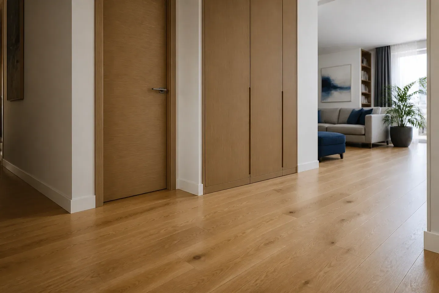 Suelo de madera recién instalado en un piso reformado