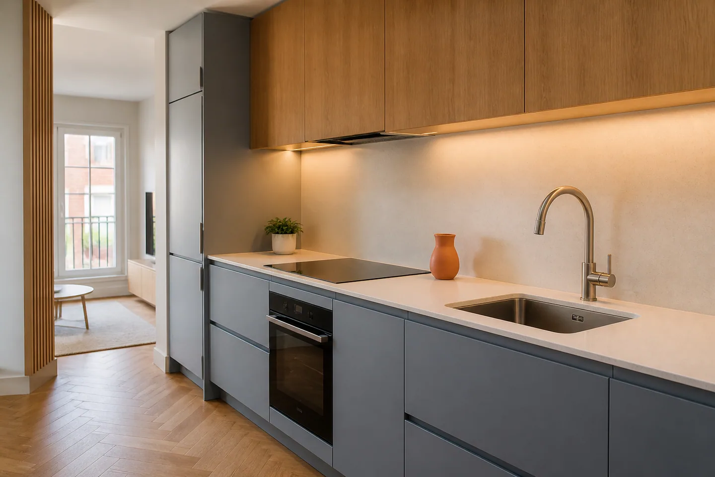 Cocina reformada con muebles de madera y azul grisáceo