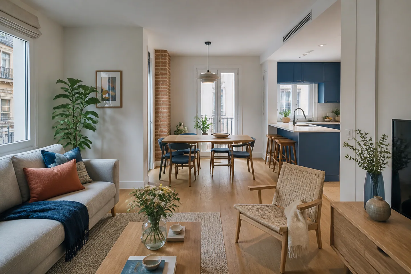 Salón, comedor y cocina de un piso reformado integralmente