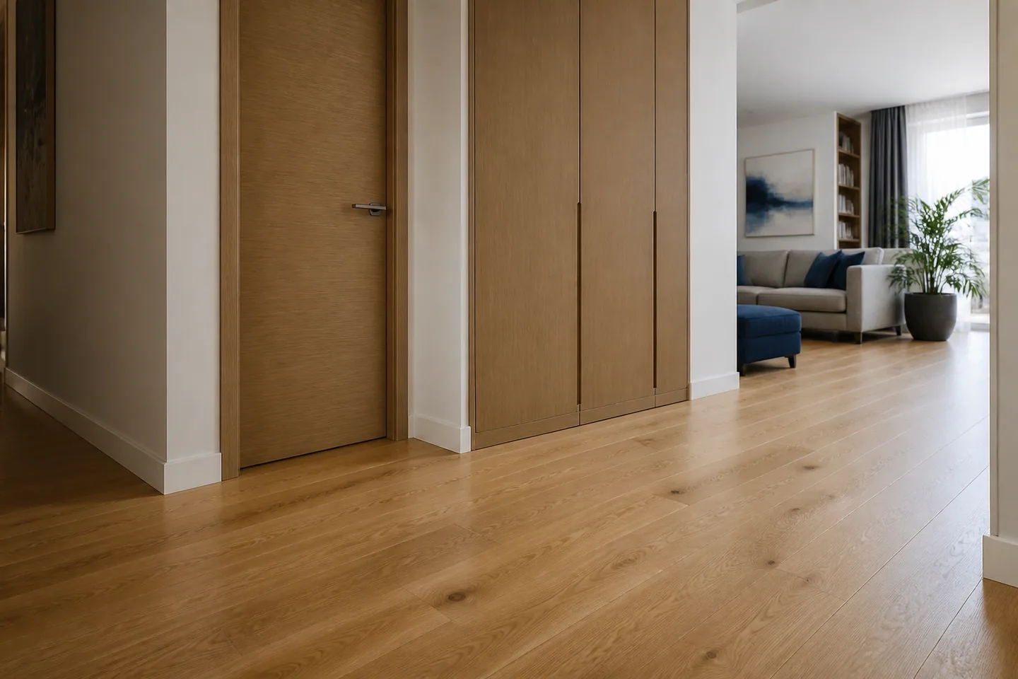 Suelo de madera recién instalado en un piso reformado